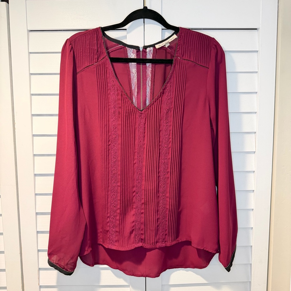 Daniel Rainn Womens Pintuck Lace Blouse Long Sleeve V Neck Back Zip Size L